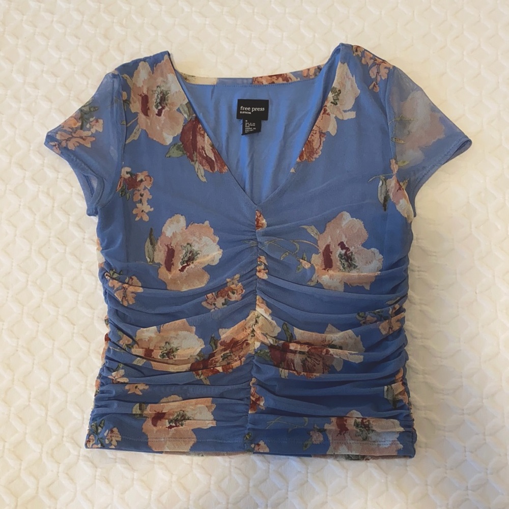Blue Floral Print Fitted Top
